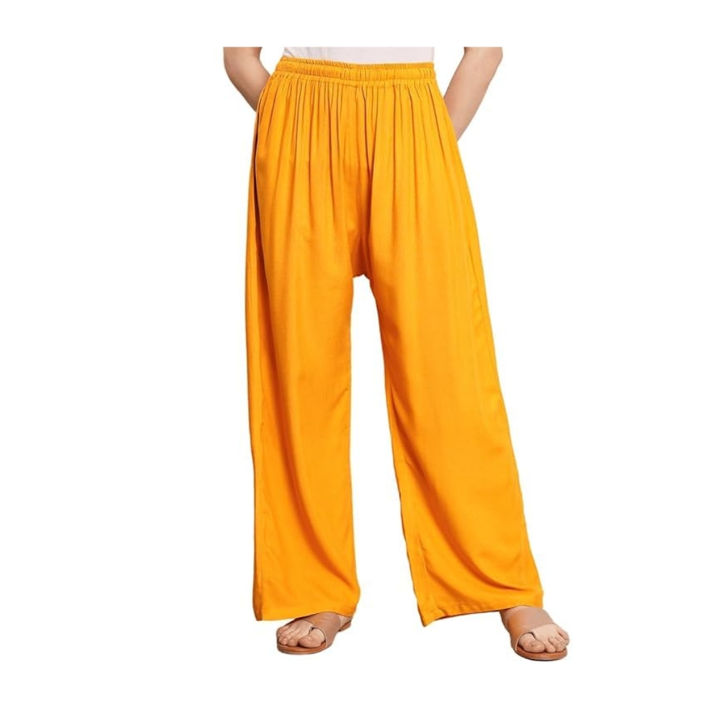 Women’s Mustard Rayon Palazzo Pants with Pockets | High Waist Elasticated Wide Leg Trousers for Casual & Ethnic Wear
