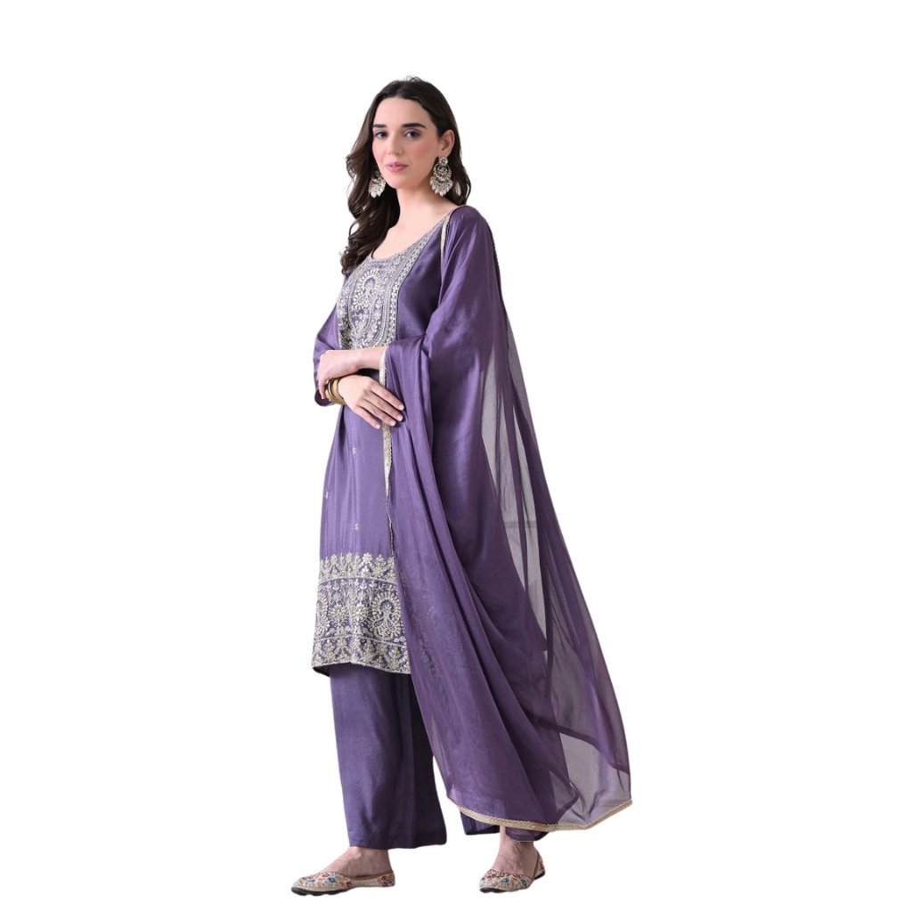 Women’s Lavender Embroidered Kurta Set with Dupatta | Ethnic Straight Kurta & Pant Set for Party & Festive Wear