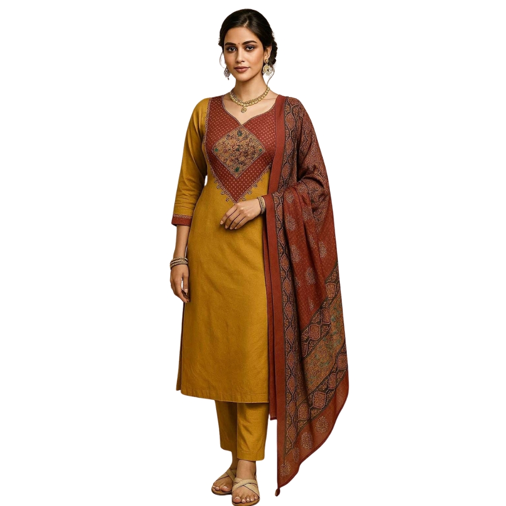 Mustard Cotton Rayon Straight Suit with Printed Rust Dupatta