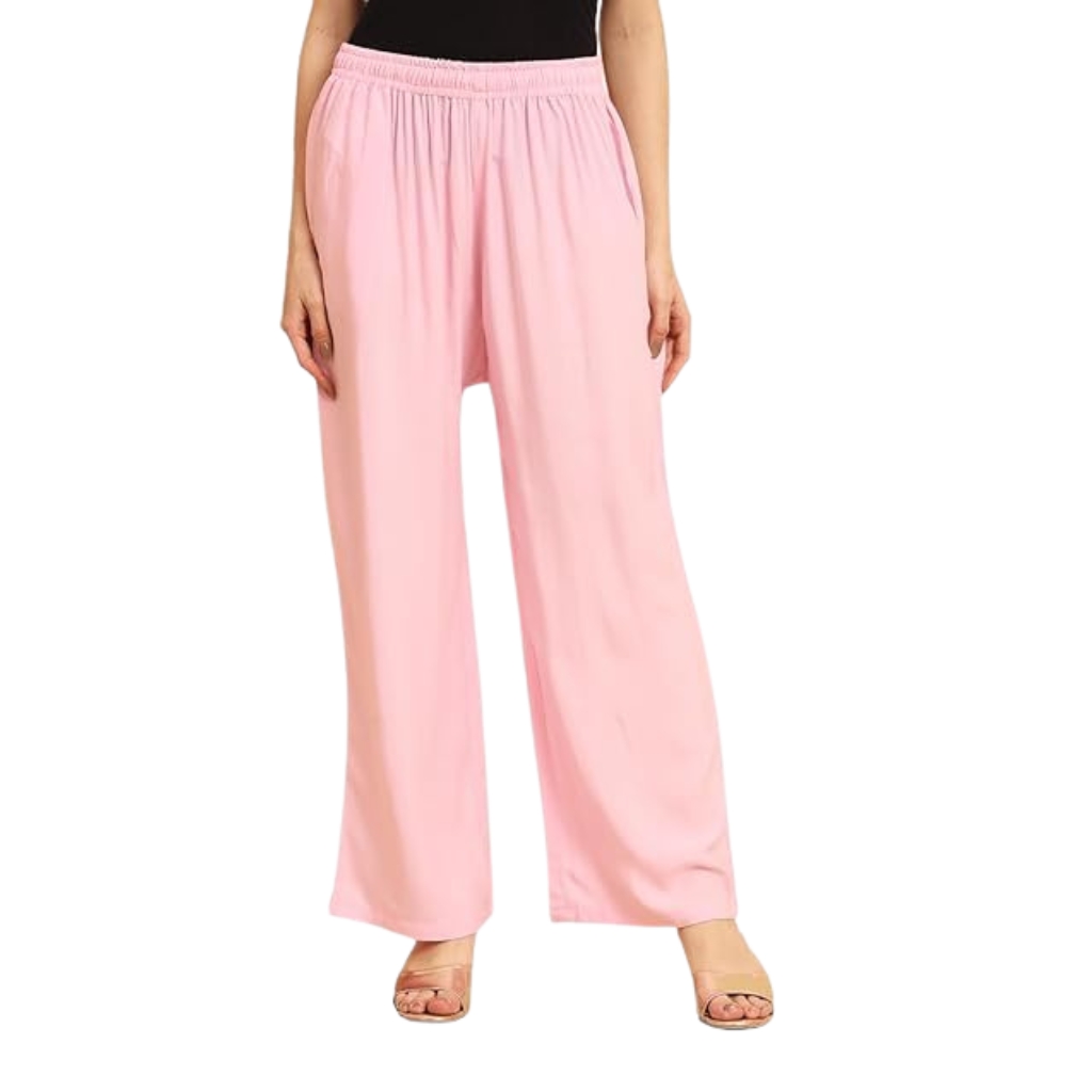 Women’s Pink Rayon Palazzo Pants with Pockets | High Waist Elasticated Wide Leg Trousers for Casual & Ethnic Wear