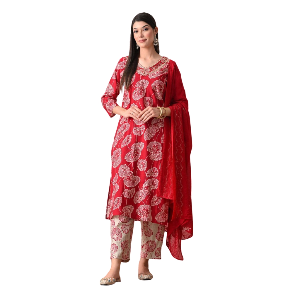Women’s Red Printed Cotton Kurta Set with Dupatta | Ethnic Straight Kurta & Pant Set for Daily & Festive Wear