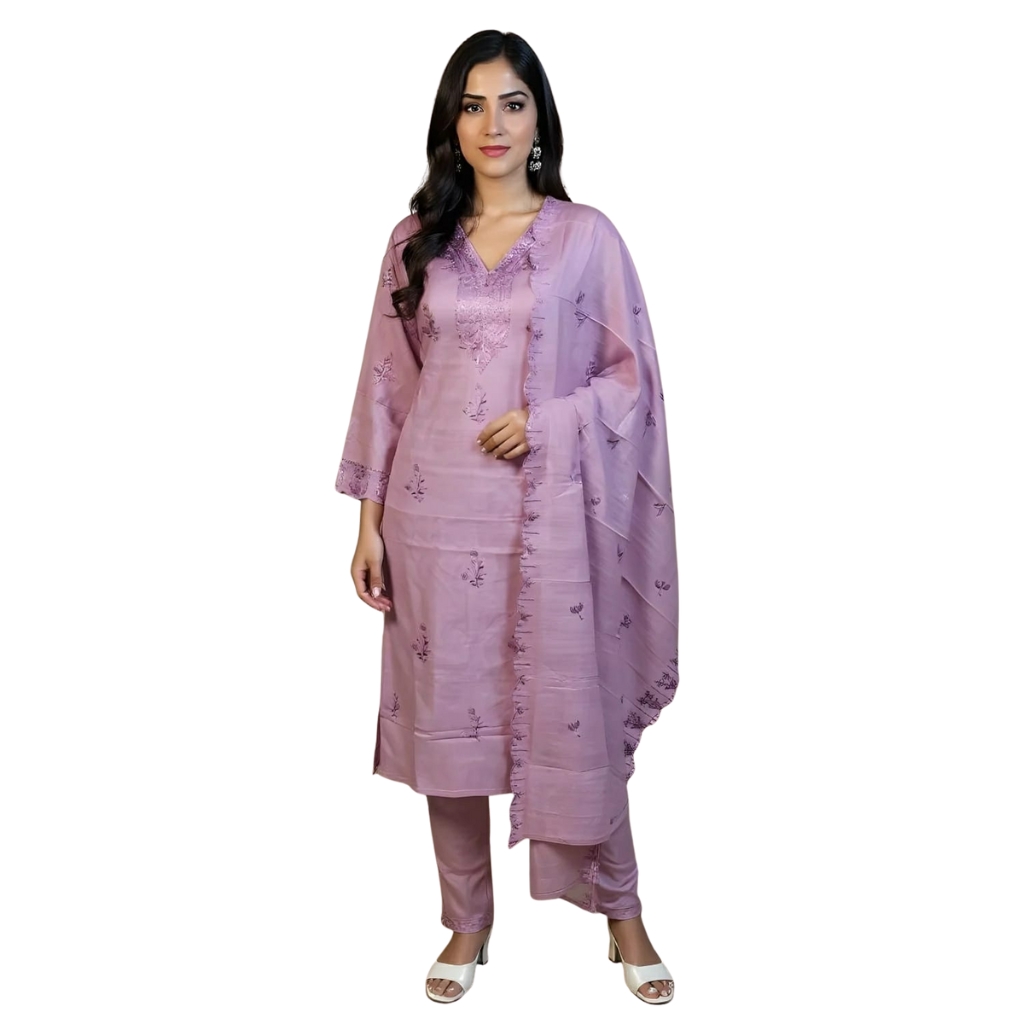 Light Mauve Cotton Rayon Straight Suit with Tonal Embroidery & Dupatta