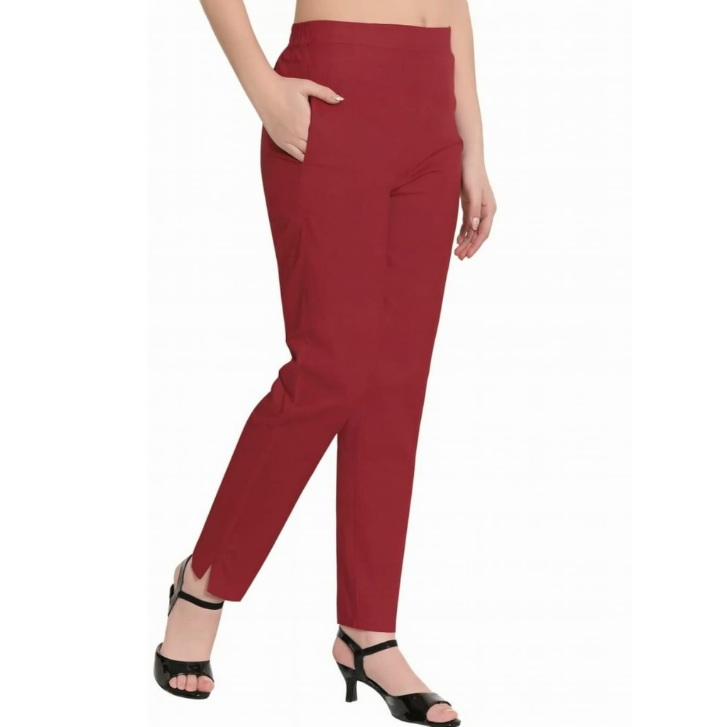 Women’s Red Cotton Cigarette Pants with Side Pockets | Slim Fit Ankle Length Trousers for Ethnic & Western Wear