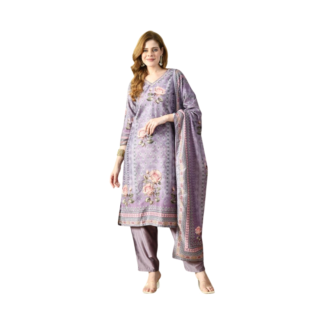 Women’s Lavender Floral Printed Straight Kurta with Pant & Dupatta Set Maslin Fabric