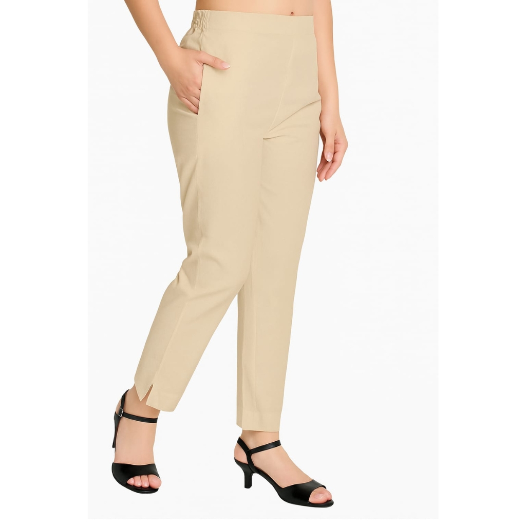 Women’s Beige Cotton Cigarette Pants with Side Pockets | Slim Fit Ankle Length Trousers for Ethnic & Western Wear