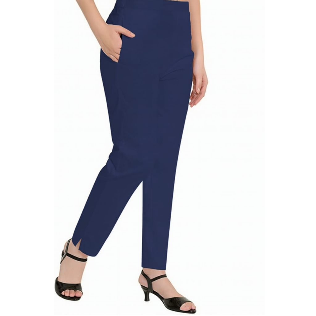 Women’s Blue Cotton Cigarette Pants with Side Pockets | Slim Fit Ankle Length Trousers for Ethnic & Western Wear
