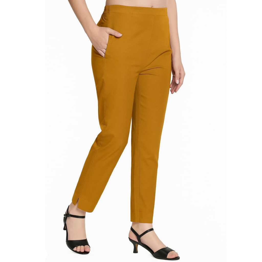 Women’s Olive Cotton Cigarette Pants with Side Pockets | Slim Fit Ankle Length Trousers for Ethnic & Western Wear