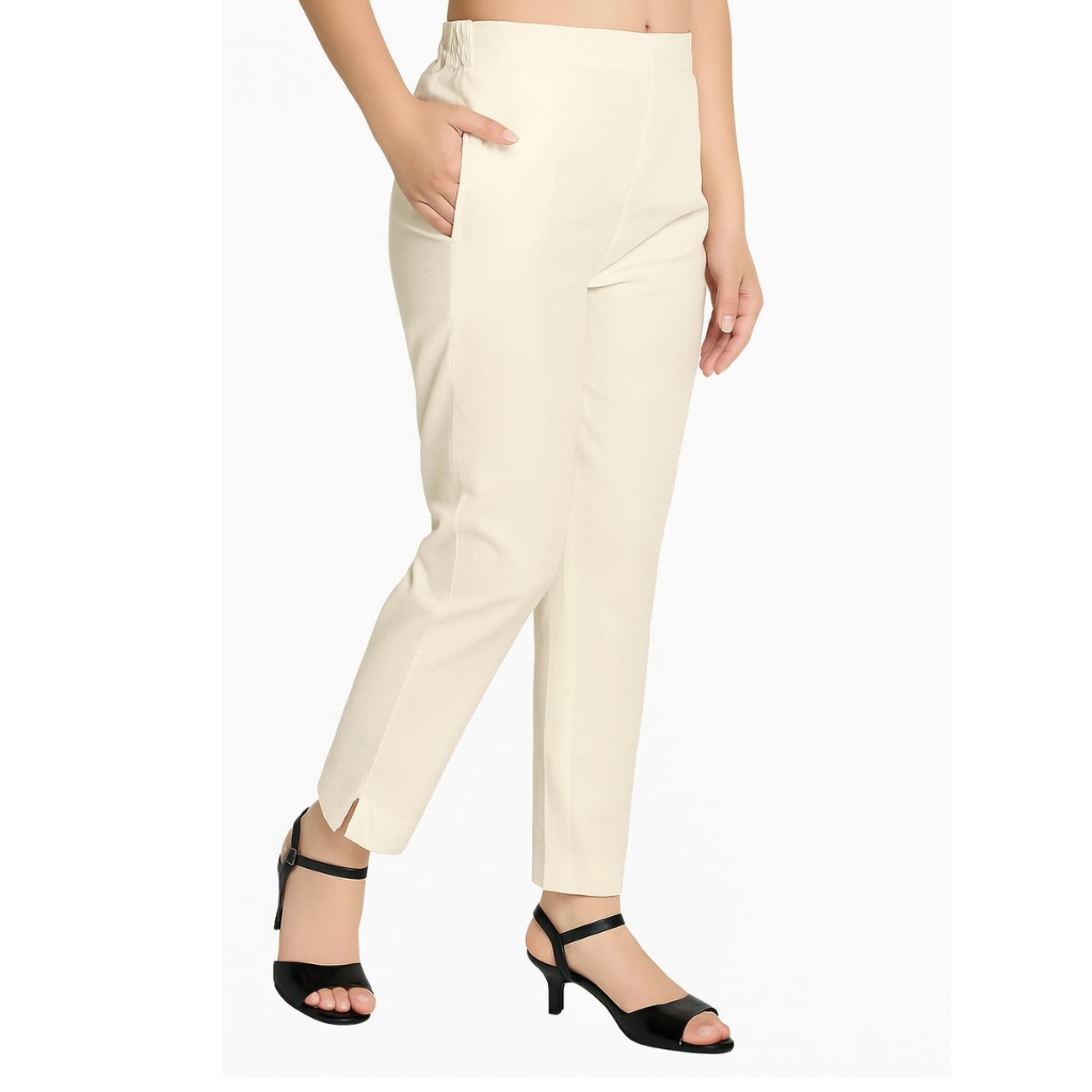 Women’s White Cotton Cigarette Pants with Side Pockets | Slim Fit Ankle Length Trousers for Ethnic & Western Wear