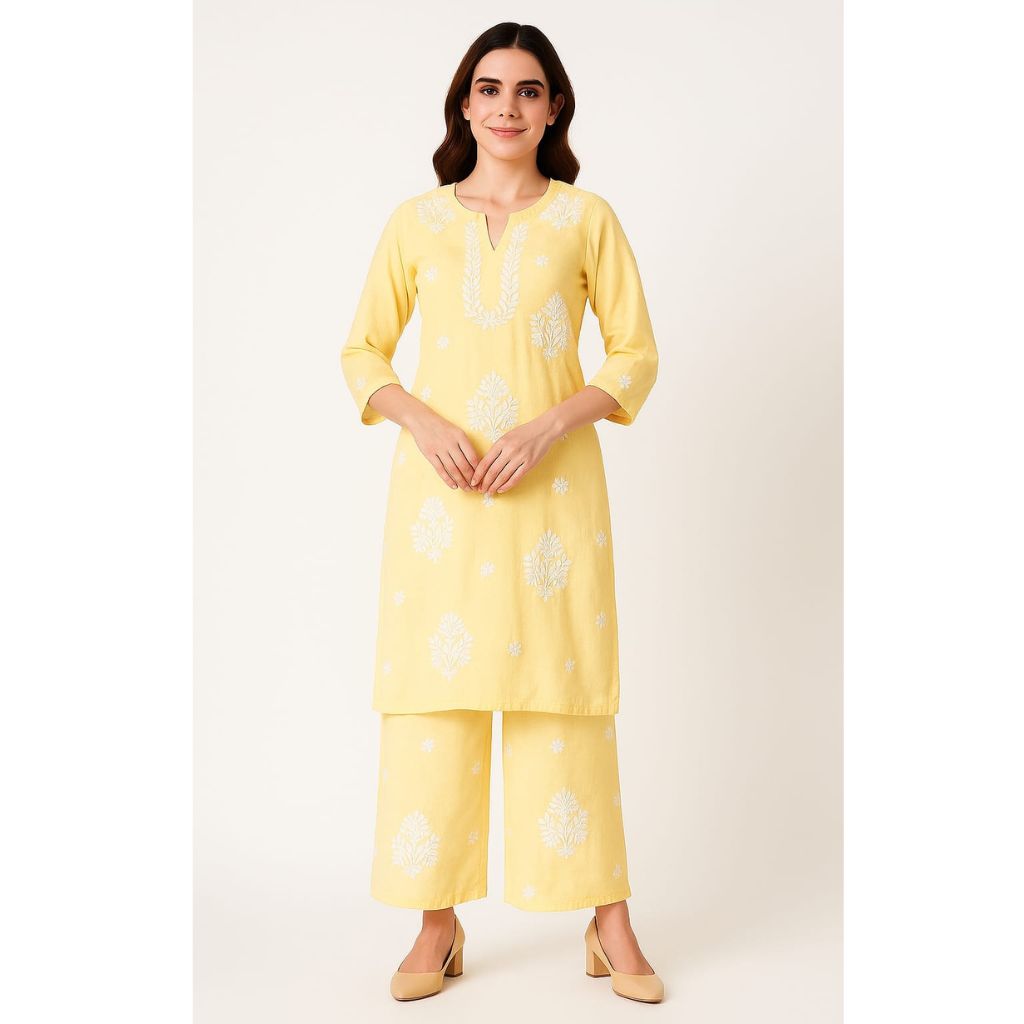Women’s Yellow Rayon Kurta Set with Lucknowi Hand Embroidery