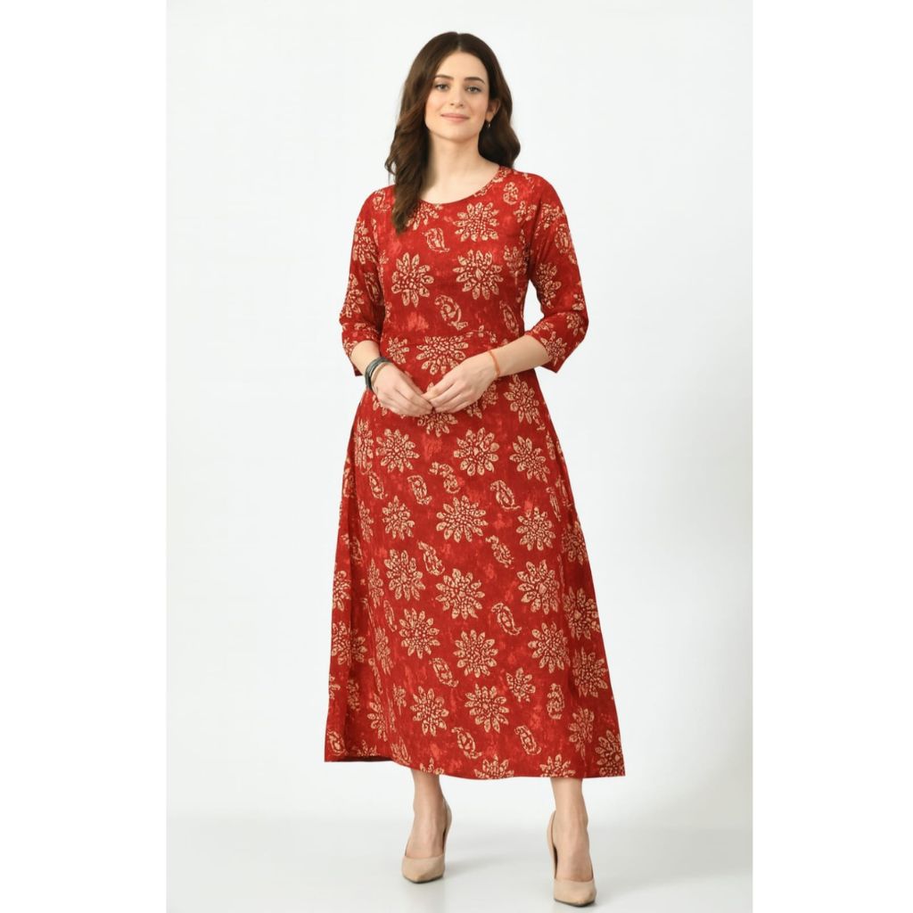 Women’s Red Floral Printed Rayon Gown
