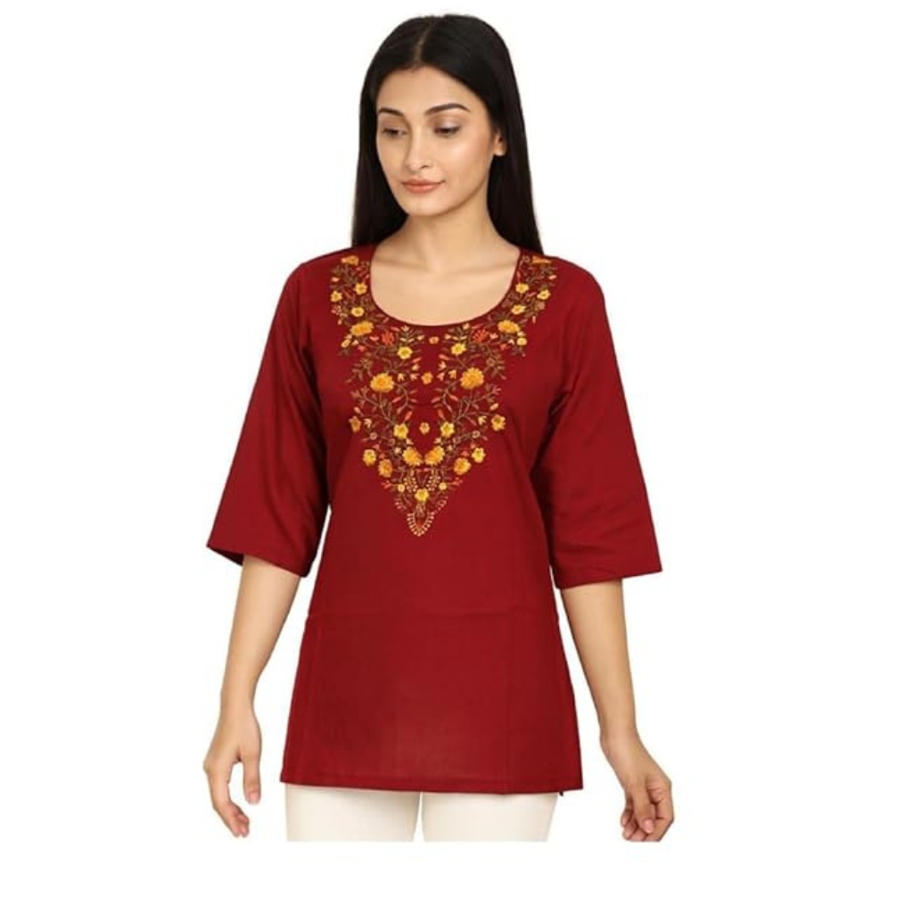 Maroon Women’s Embroidered Floral Kurti | 3/4 Sleeve Rayon Ethnic Top for Casual Short Kurti