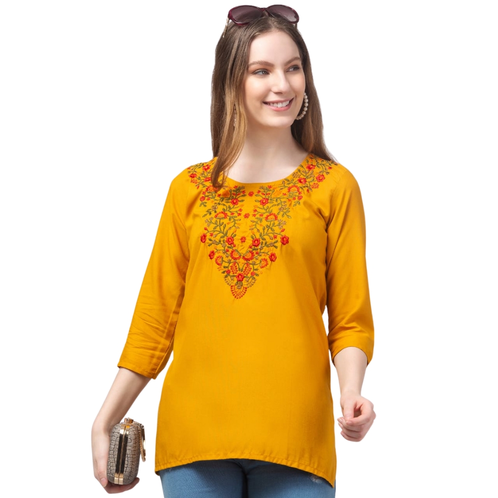 Mustard Women’s Embroidered Floral Kurti | 3/4 Sleeve Rayon Ethnic Top for Casual Short Kurti