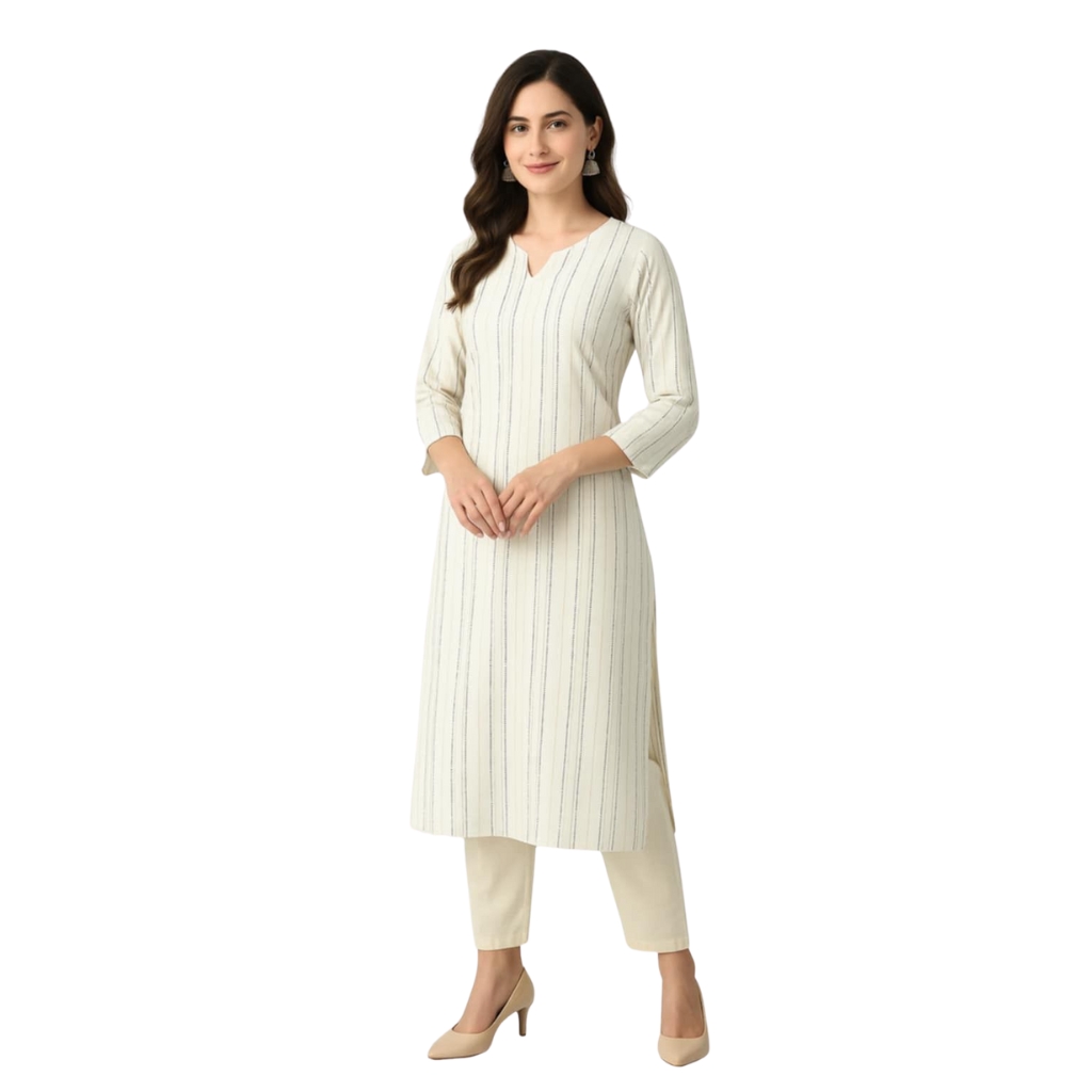 Women’s White Cotton Striped Straight Kurta – Casual & Office Wear