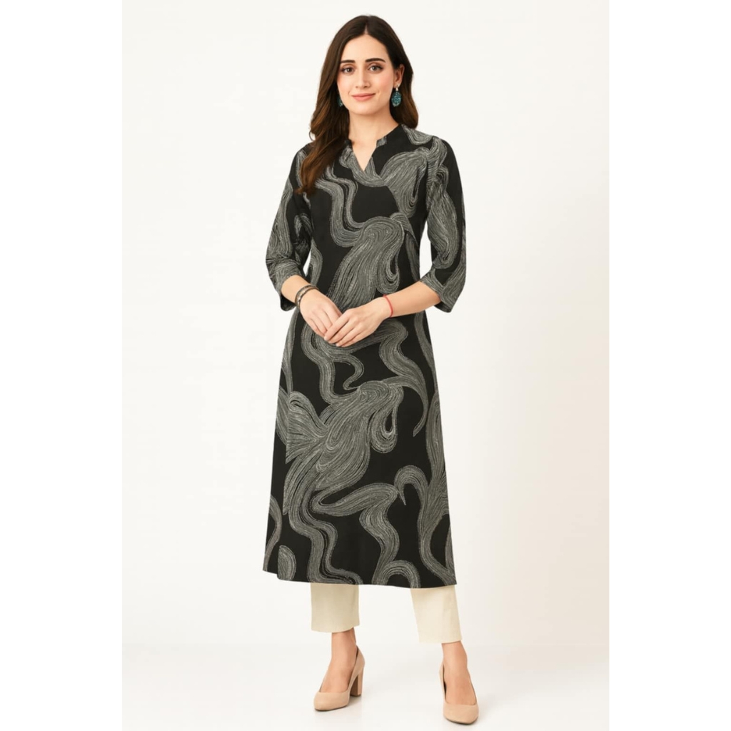 Women’s Black Printed Rayon Straight Kurta – Daily & Office Wear