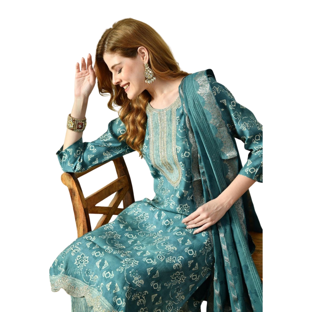 Women’s Teal Printed Kurta with Dupatta Set – Ethnic Festive Wear