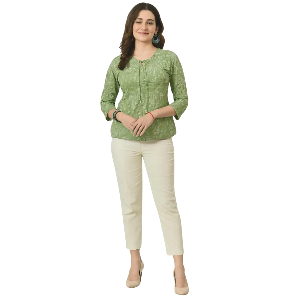 Women’s Green Printed Cotton Short Kurta – Casual & Office Wear