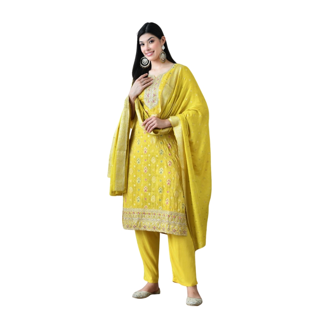 Women’s Yellow Embroidered Kurta with Pants & Dupatta Set – Festive Ethnic Wear