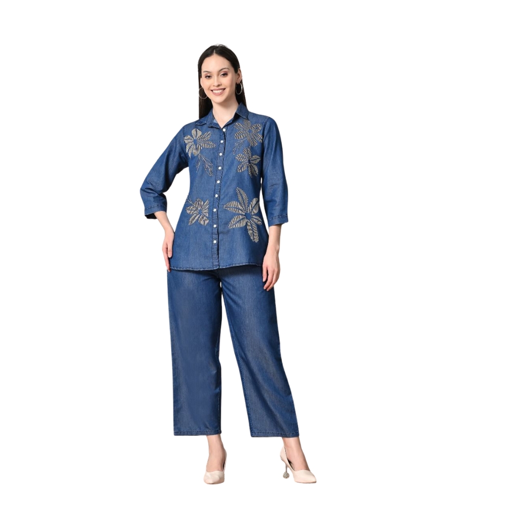 Women’s Denim Co-ord Set | Embroidered Denim Shirt with Wide-Leg Pants | Pant with Half Elastic with Draw Strings |
