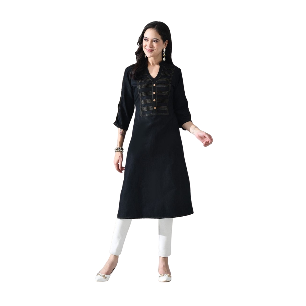 Women’s Denim Embroidered Straight Kurti with 3/4 Sleeves