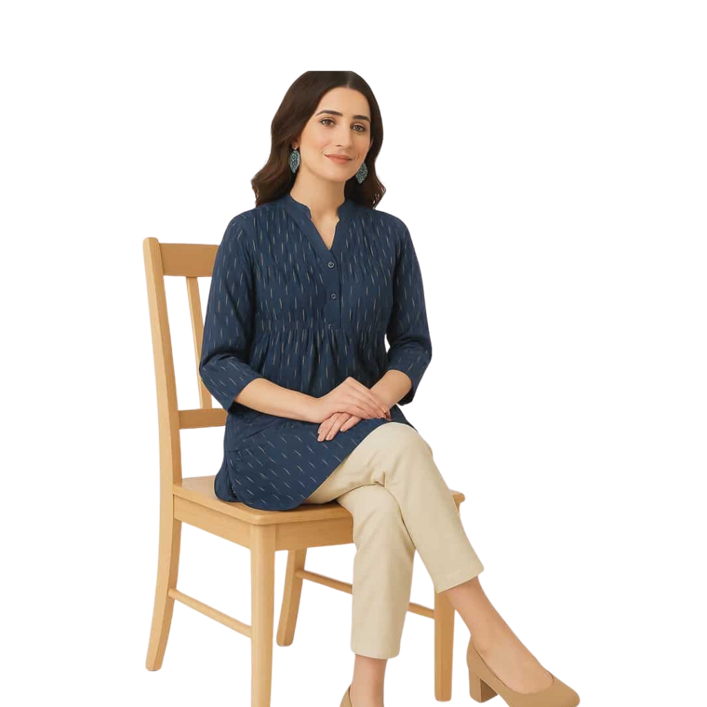 Women’s Navy Blue Cotton Short Kurta – Casual & Office Wear
