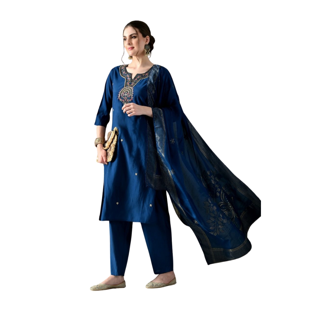 Women’s Embroidered Kurta with Pants & Dupatta Set – Navy Blue Ethnic Wear