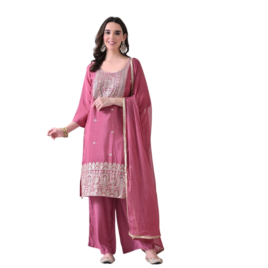 Women’s Embroidered Kurta with Palazzo & Dupatta Set – Pink Ethnic Wear