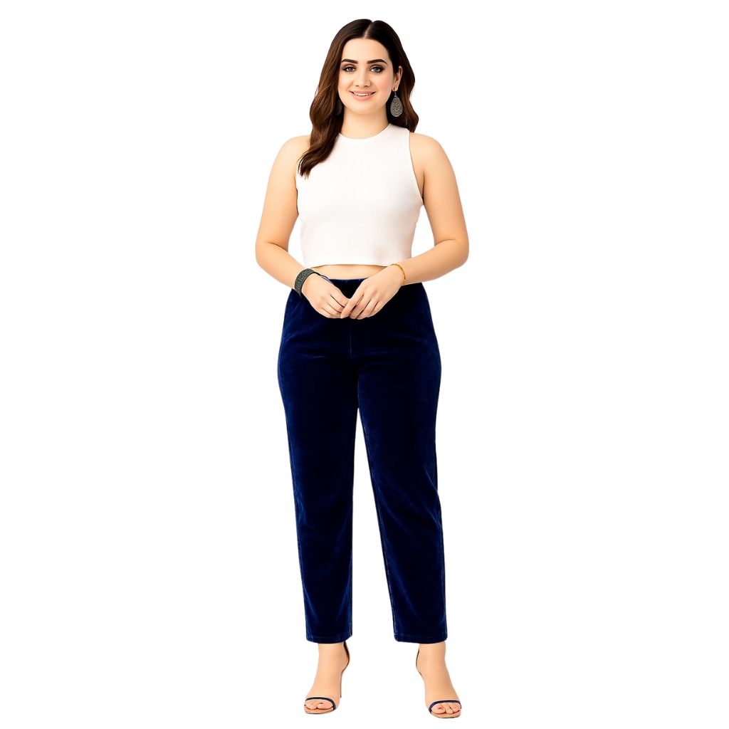 Women’s Navy Blue Velvet Pant | Soft Winter High-Waist Straight Fit Trousers | Elegant Stretchable Velvet Bottoms