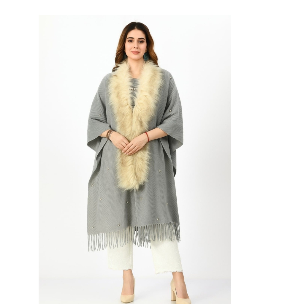 Women’s Grey Woolen Cape with Faux Fur Collar | Pearl Embellished Winter Poncho | Tassel Hem Warm Shawl Wrap