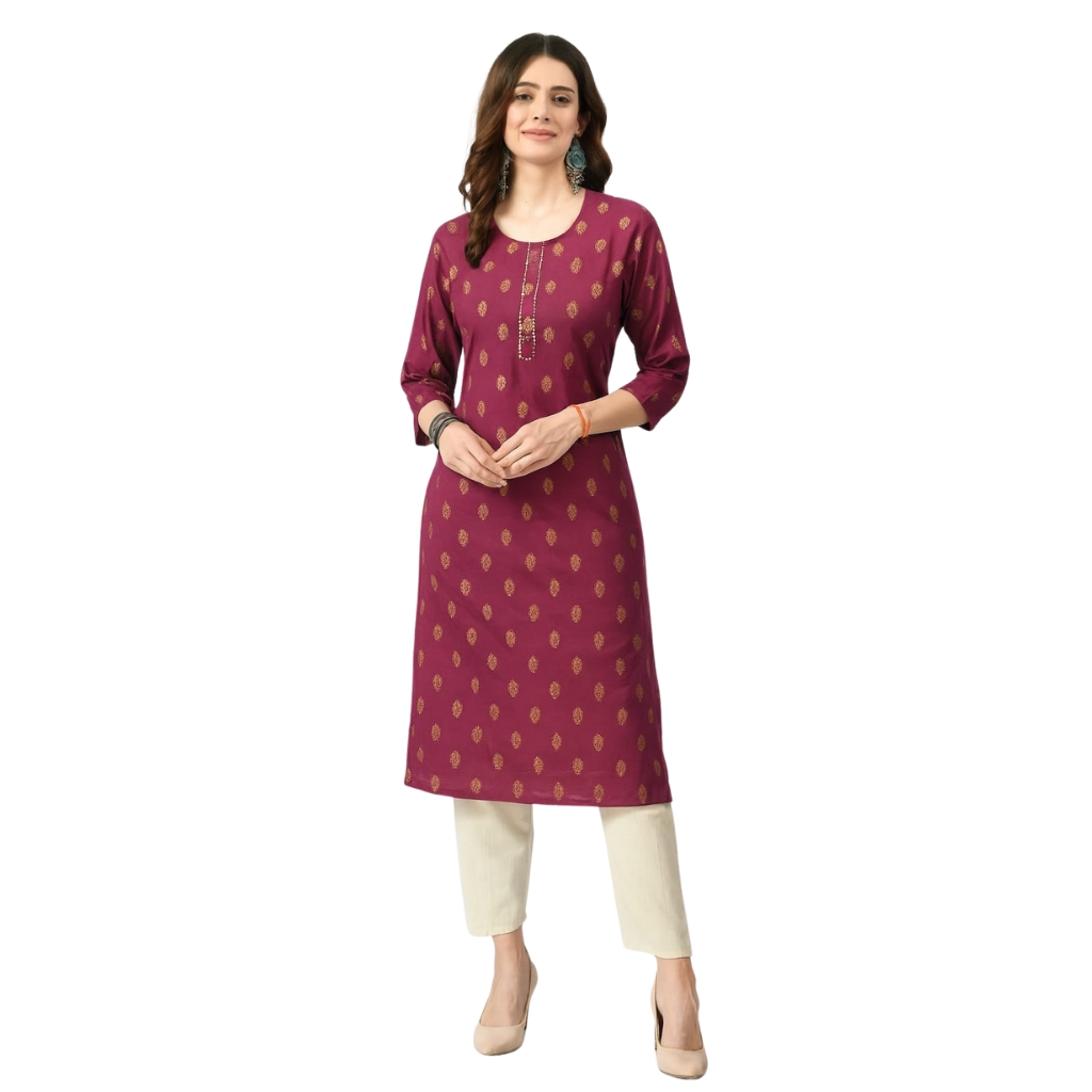 Women’s Maroon Printed Straight Kurti | Gold Foil Motif Design | 3/4 Sleeve Cotton Ethnic Wear Tunic