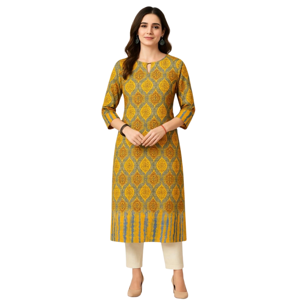 Women’s Yellow Printed Cotton Straight Kurti | Keyhole Neck 3/4 Sleeve Ethnic Wear | Casual & Office Wear Kurta