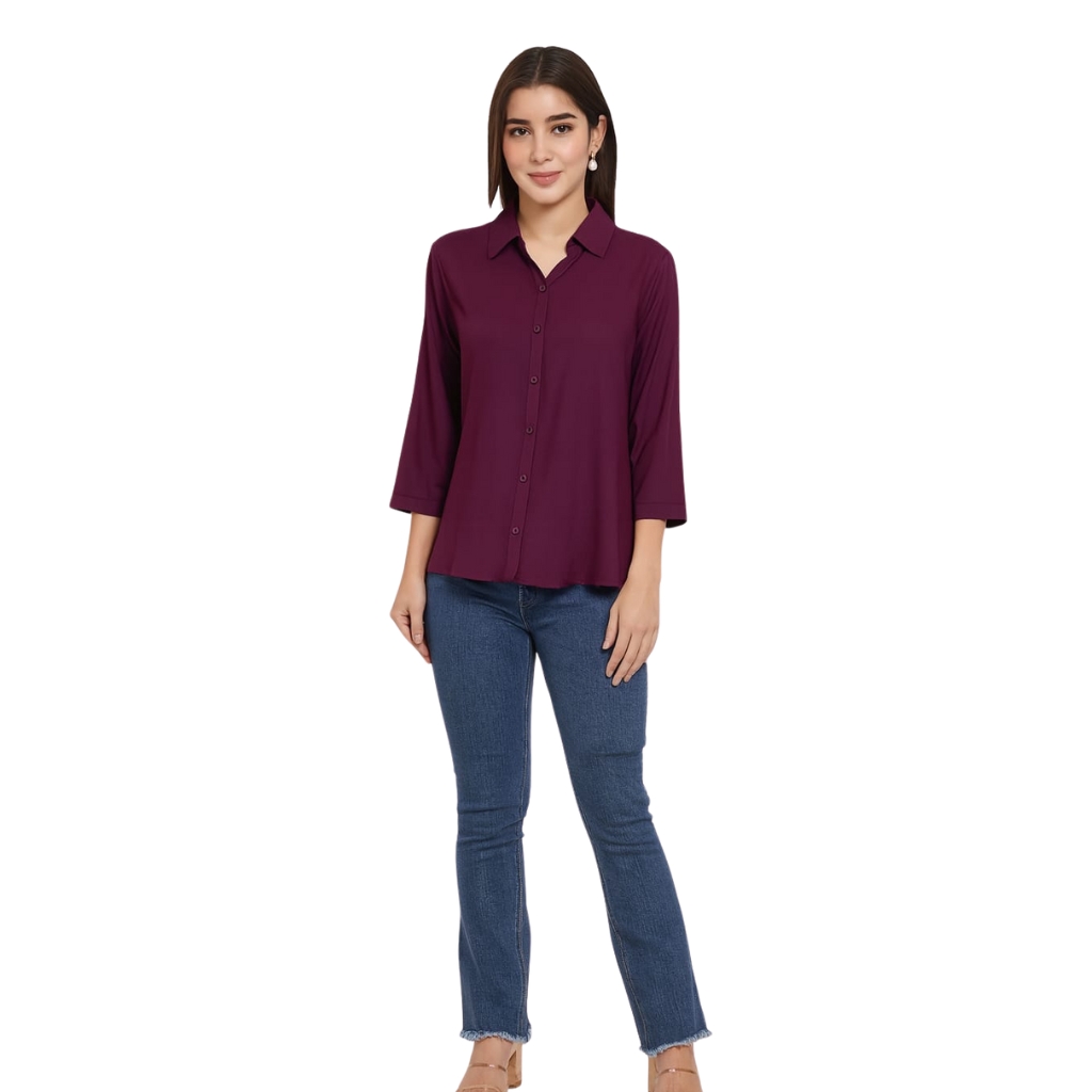 Women’s Solid Wine Casual Shirt | 3/4 Sleeve Button-Down Top | Collared Office & Daily Wear Shirt