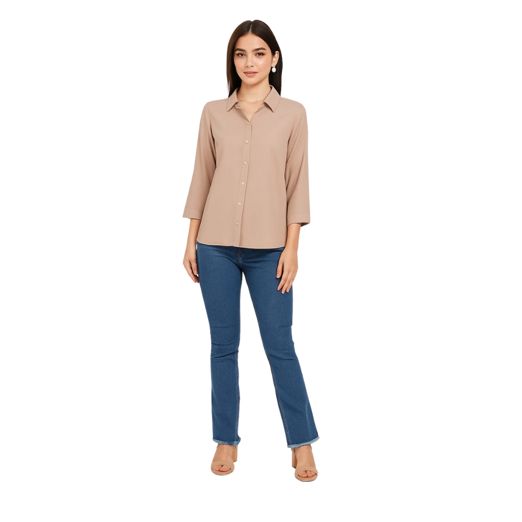 Women’s Solid Beige Casual Shirt | 3/4 Sleeve Button-Down Top | Collared Office & Everyday Wear Shirt