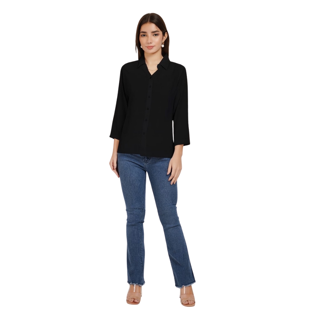 Women’s Solid Black Casual Shirt | 3/4 Sleeve Button-Down Top | Collared Office & Everyday Wear Shirt