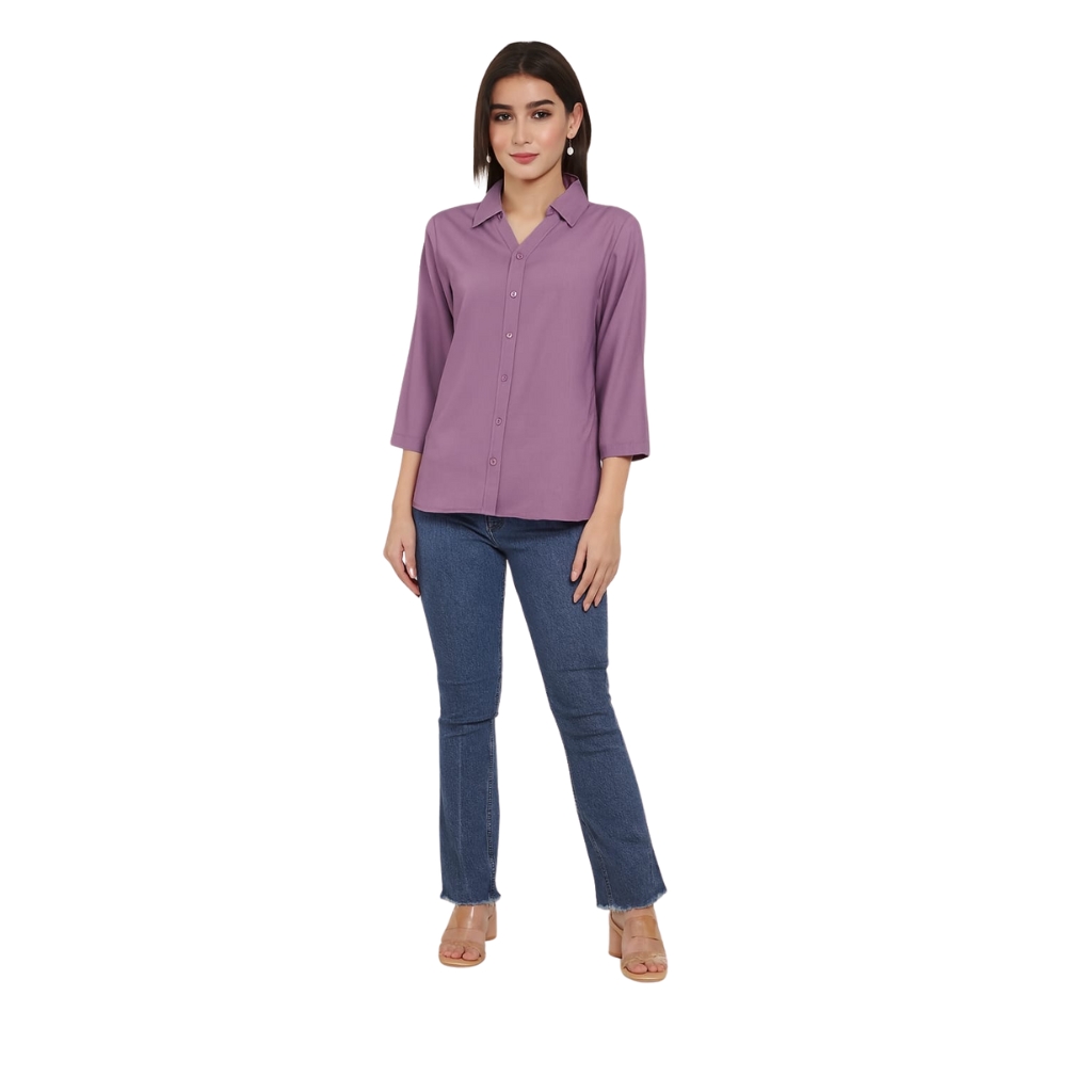 Women’s Solid Mauve Casual Shirt | 3/4 Sleeve Collared Button-Down Top | Office & Everyday Wear Shirt