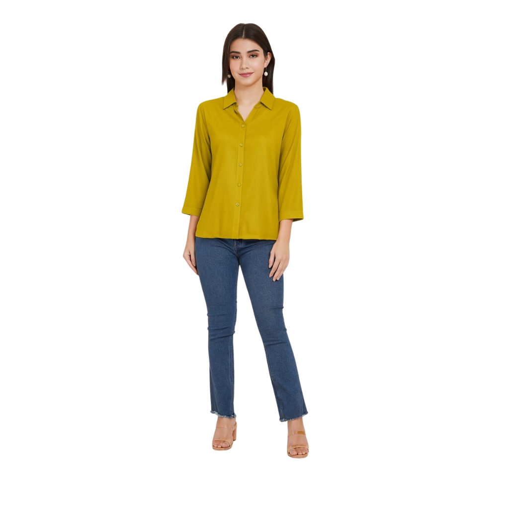 Women’s Solid Mustard Casual Shirt | 3/4 Sleeve Button-Down Top | Collared Office & Daily Wear Shirt