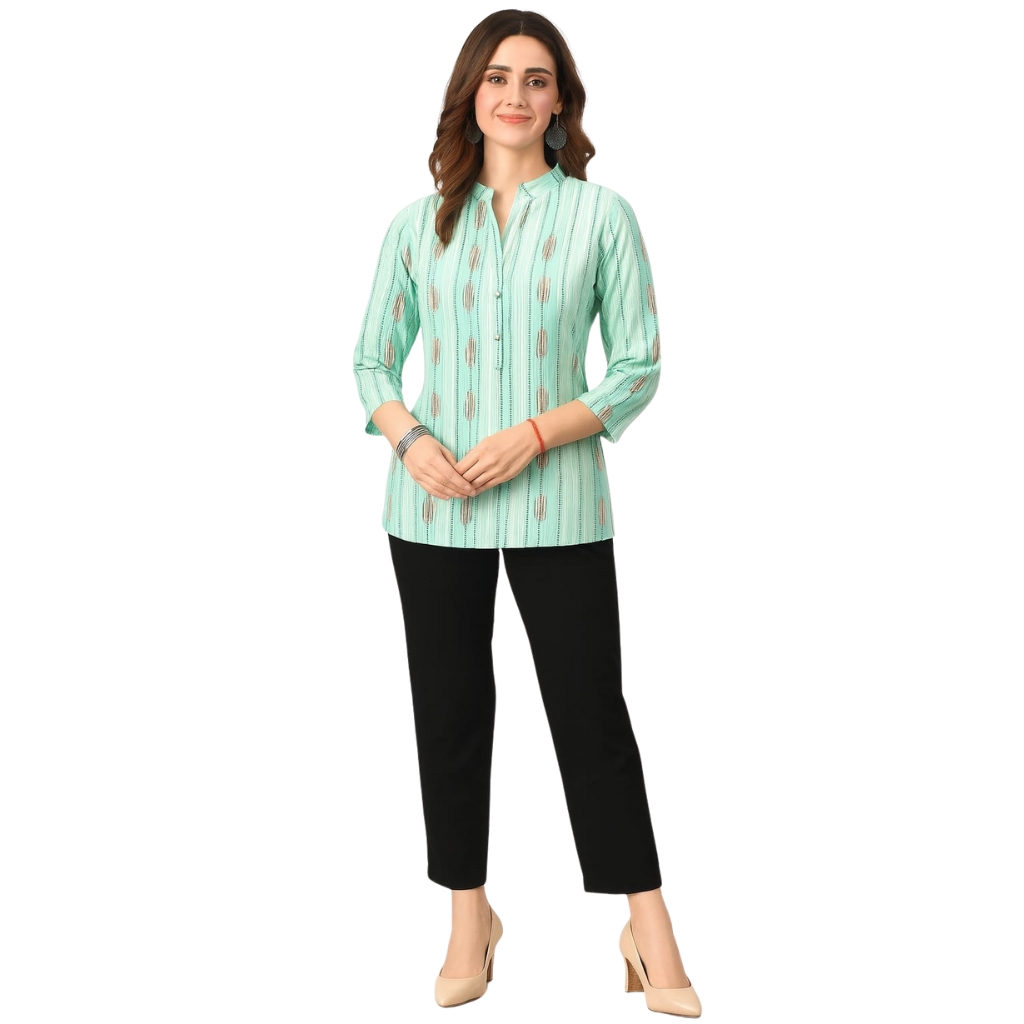 Women’s Mint Green Printed Rayon Shirt | 3/4 Sleeve Button-Down Top | Ethnic Casual & Office Wear Kurti Style Shirt