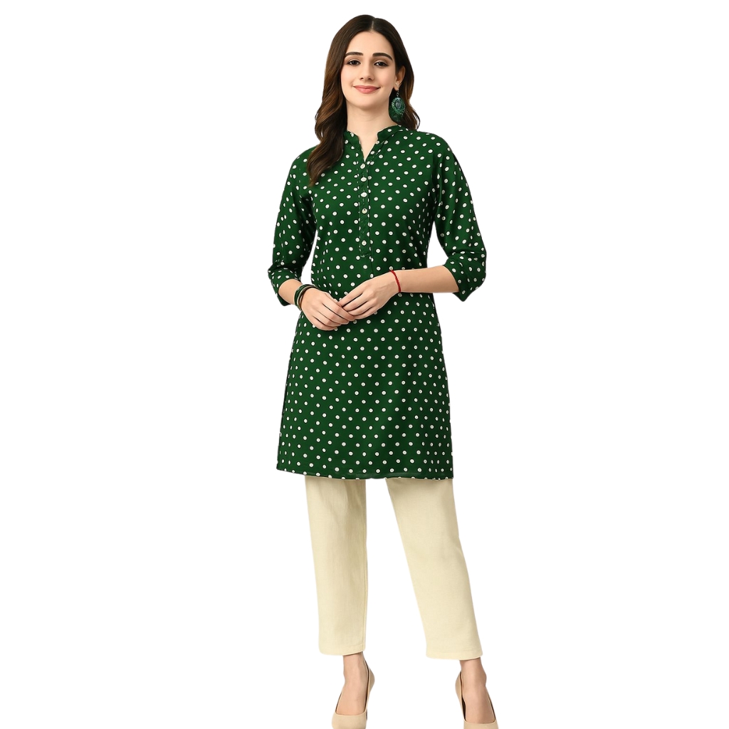 Women’s Green Polka Dot Printed Rayon Kurti | Mandarin Collar 3/4 Sleeve Straight Fit Top | Casual & Office Wear