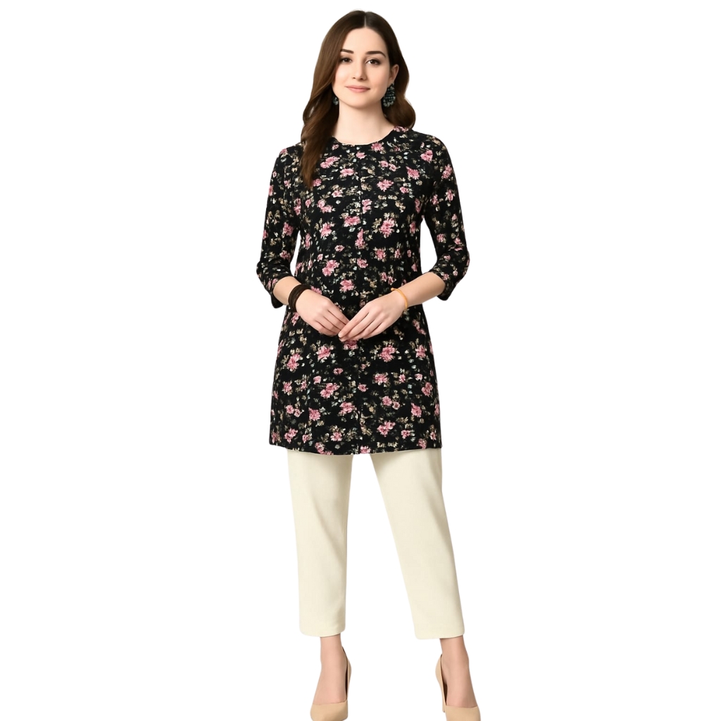Women’s Black Floral Printed Rayon Kurti | Round Neck 3/4 Sleeve Straight Fit Top | Casual & Office Wear