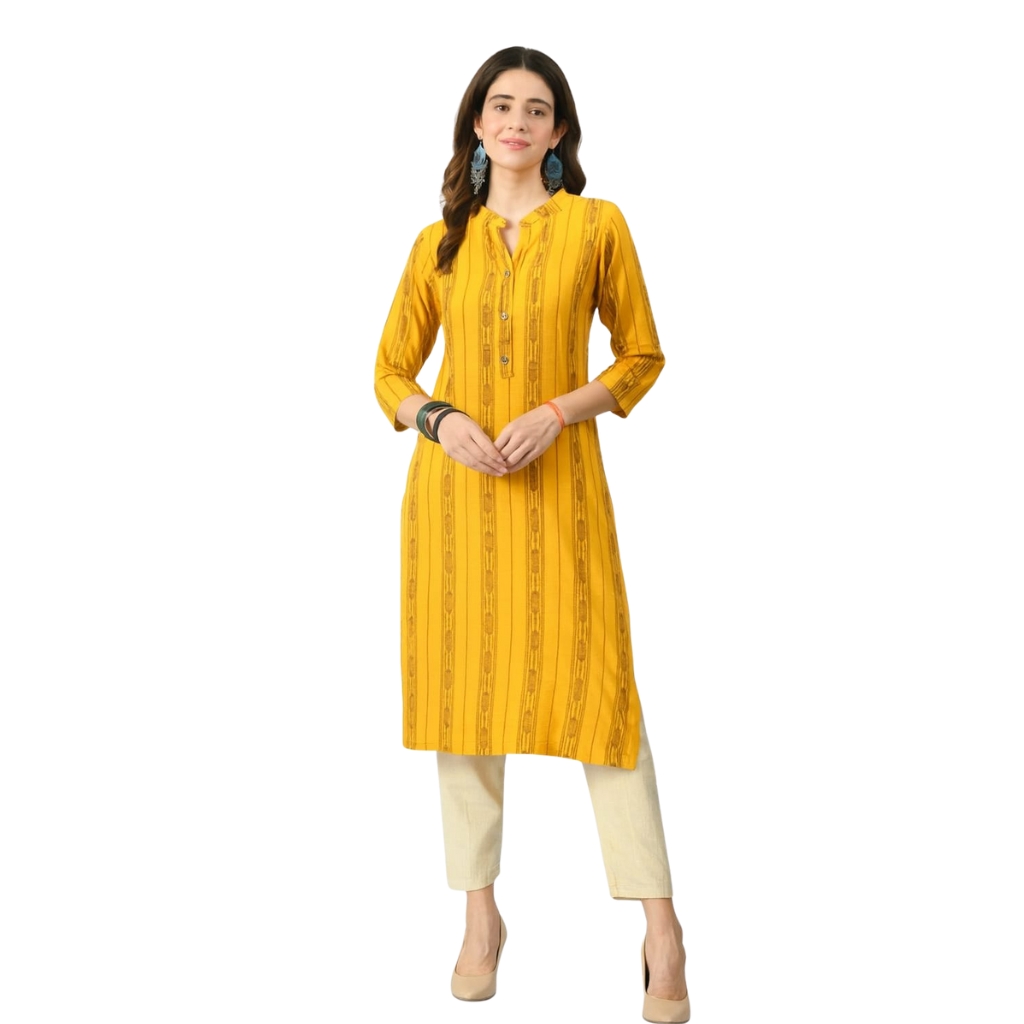 Women’s Printed Rayon Straight Kurti | Stylish 3/4 Sleeve Daily Wear Tunic