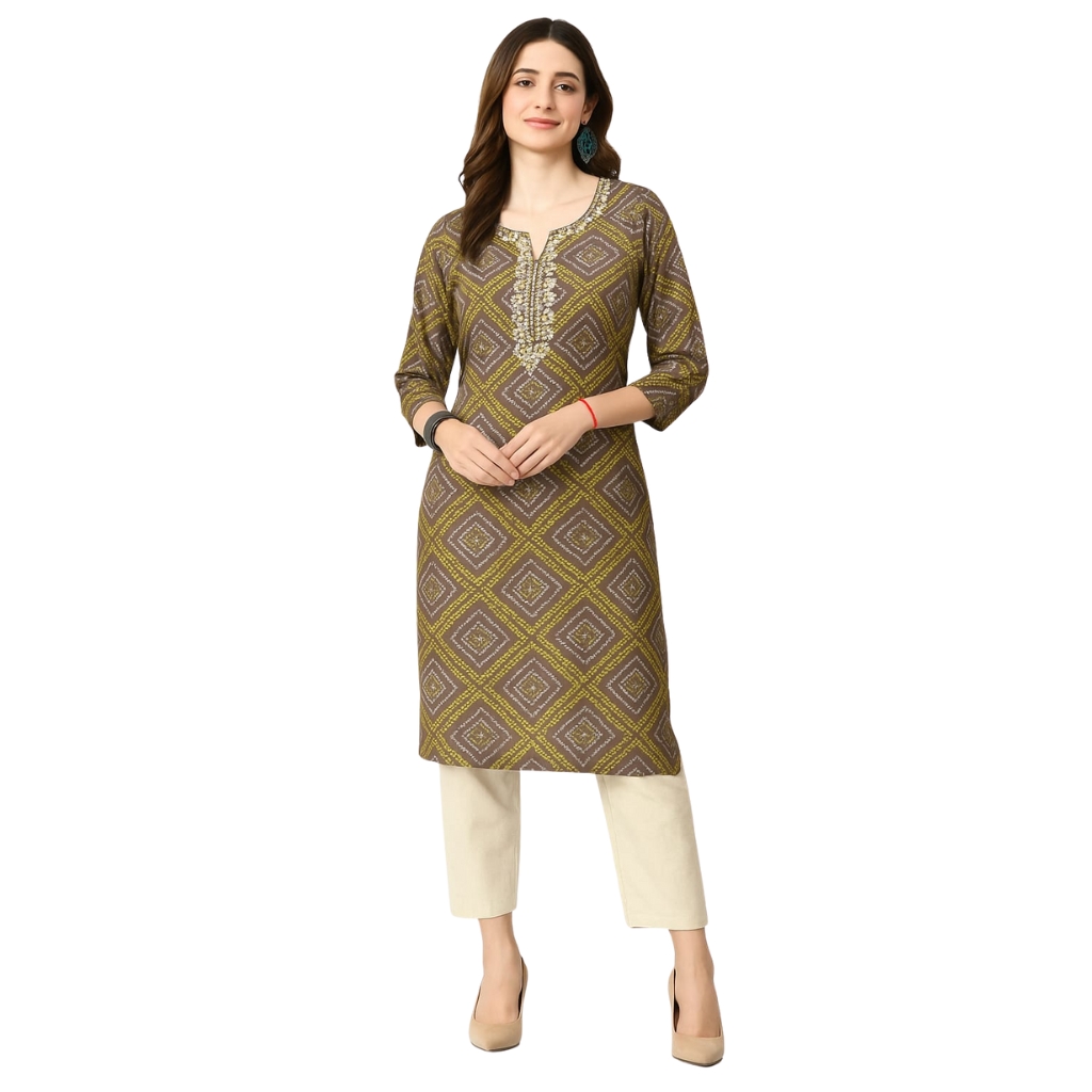 Women’s Cotton Printed Straight Kurti | Elegant 3/4 Sleeve Daily Wear
