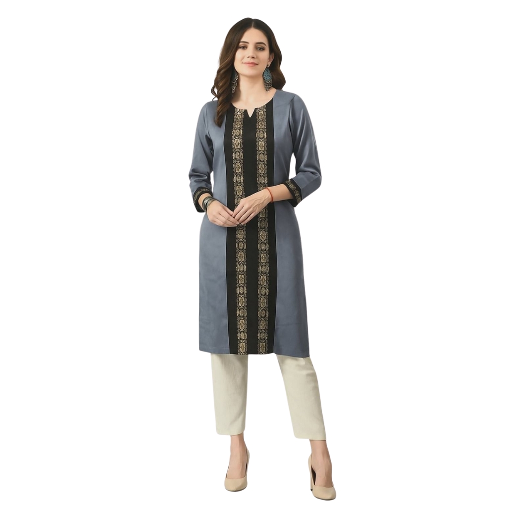 Women’s Velvet Embroidered Straight Kurti | Elegant 3/4 Sleeve Festive Wear