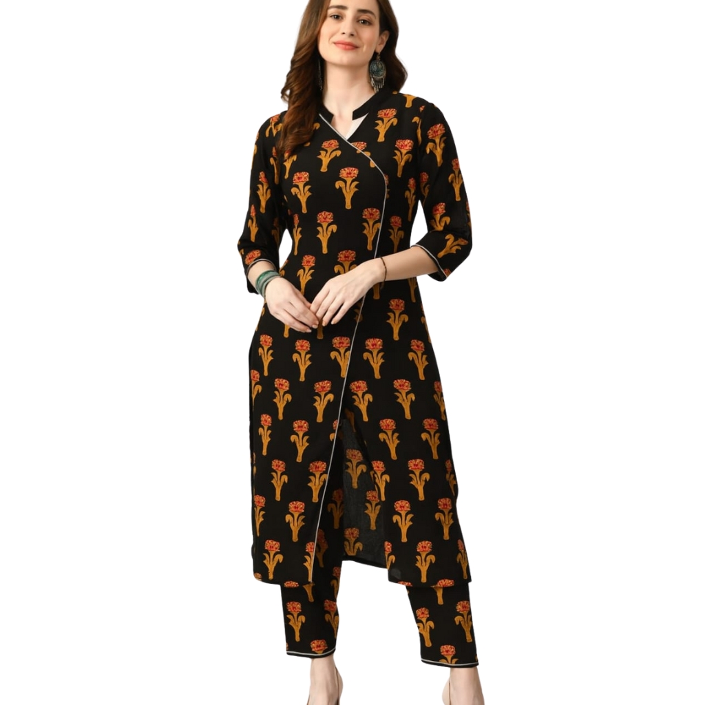 Women’s Printed Rayon Overlap Kurti with Pant Set | Stylish 3/4 Sleeve Ethnic Co-Ord