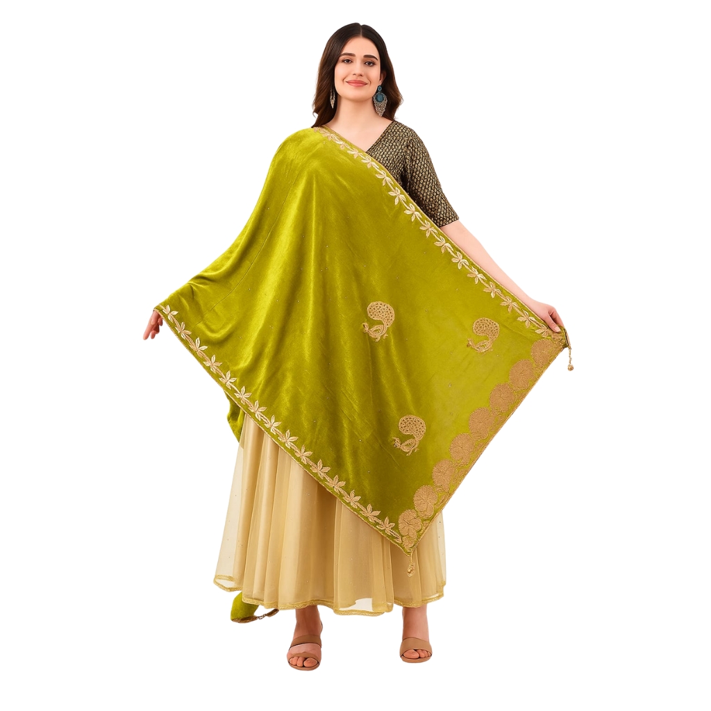 Women’s Premium Velvet Embroidered Dupatta | Soft Lightweight Shawl with Golden Border | Festive & Wedding Wear Stole