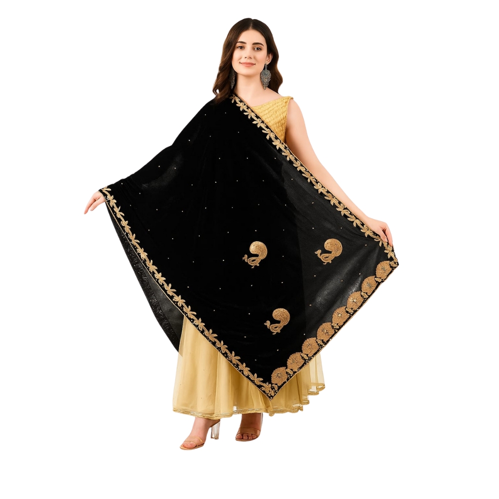 Women’s Premium Black Velvet Embroidered Dupatta | Heavy Golden Border Partywear Shawl | Wedding & Festive Wear Stole
