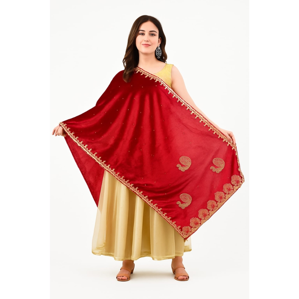 Women’s Premium Red Velvet Embroidered Dupatta | Heavy Golden Work Shawl | Festive & Wedding Wear Velvet Stole