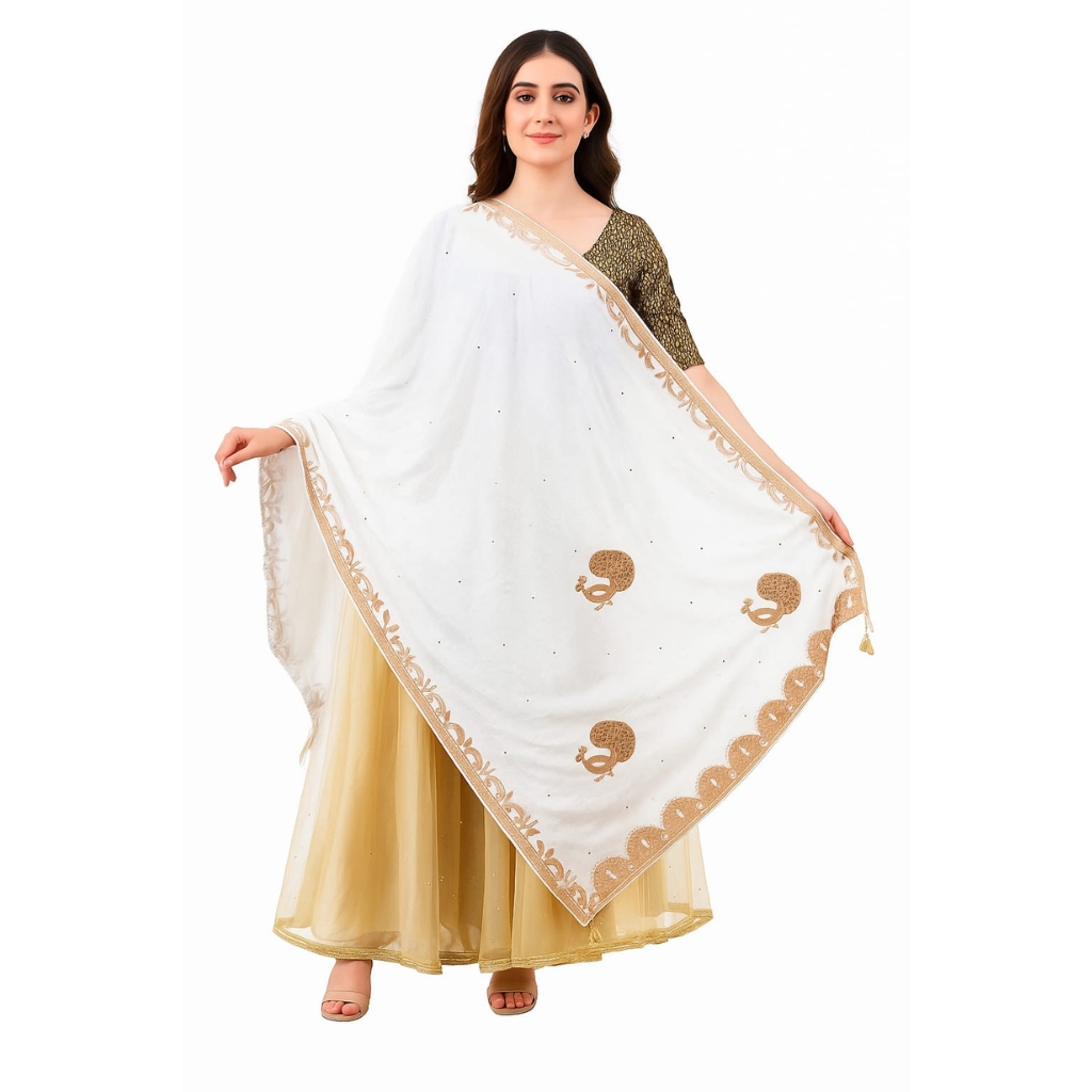 Women’s Premium White Velvet Embroidered Dupatta | Heavy Golden Border Festive Shawl | Wedding & Party Wear Velvet Stole