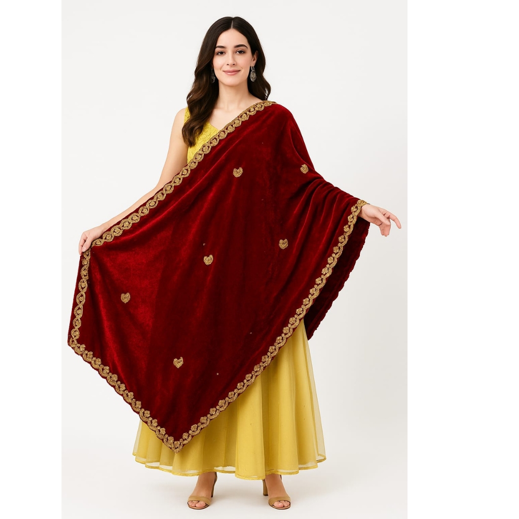 Women’s Premium Velvet Embroidered Dupatta/Shawl with Heavy Golden Border – Maroon | Winter Wedding & Festive Wear