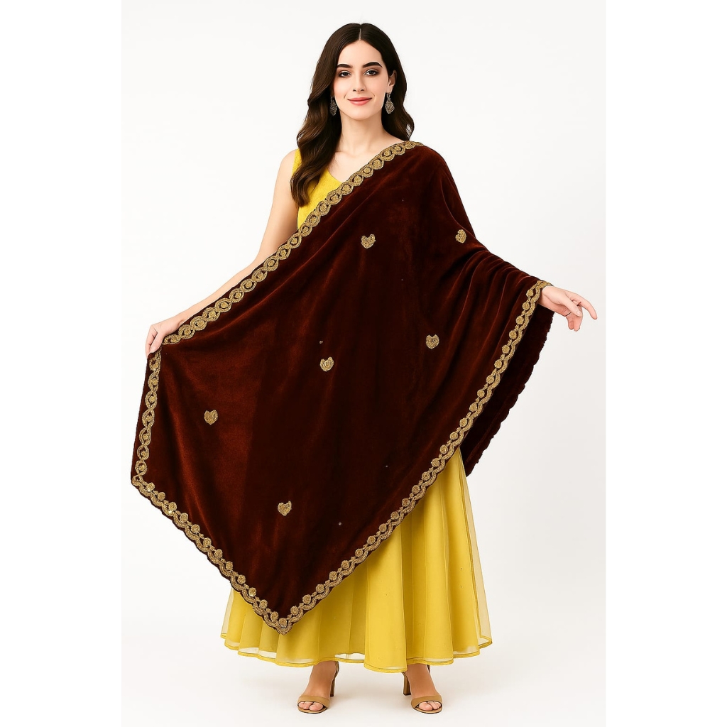 Women’s Premium Velvet Embroidered Dupatta/Shawl with Heavy Golden Border – Brown Maroon | Winter Wedding & Festive Wear