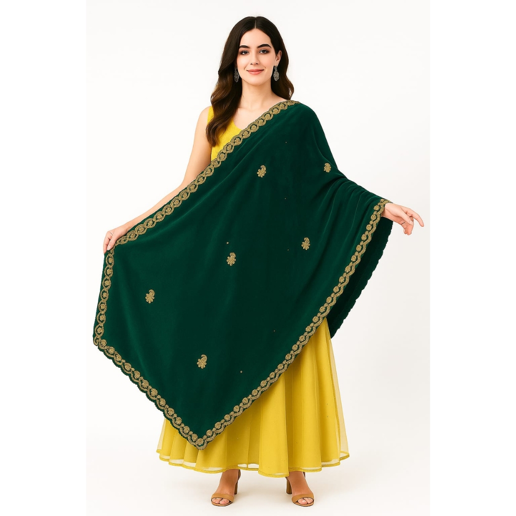 Women’s Premium Velvet Embroidered Dupatta/Shawl with Heavy Golden Border – Emerald Green | Winter Wedding & Festive Wear