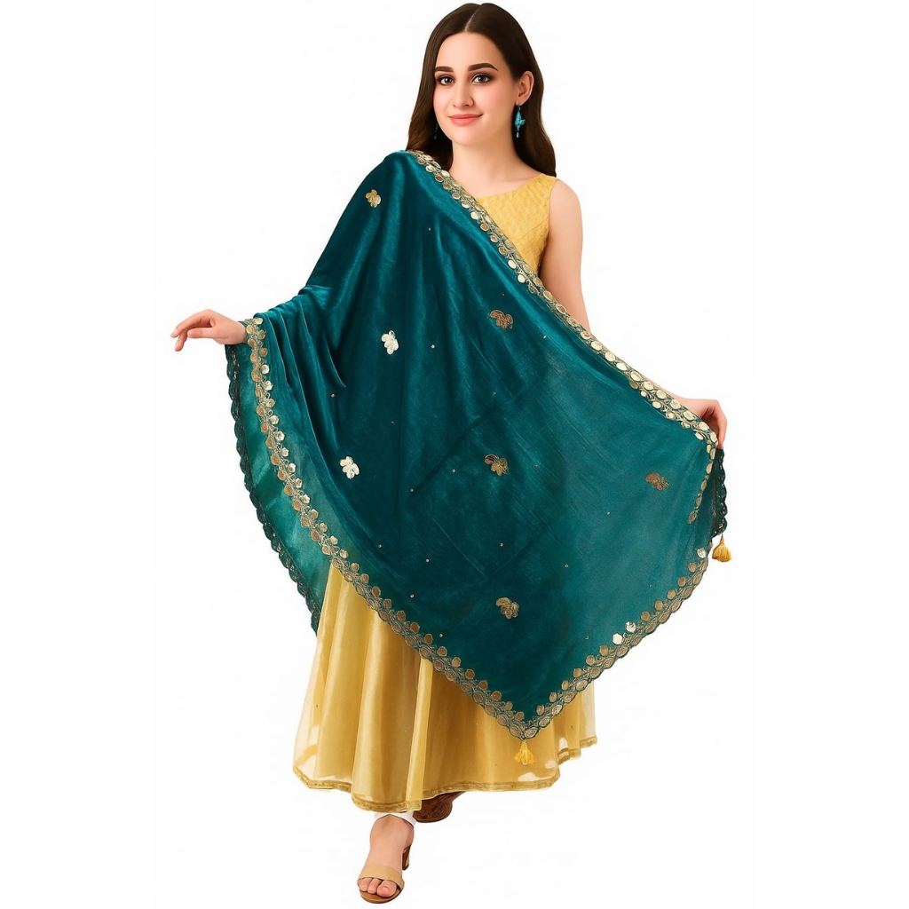 Women’s Festive Silk-Feel Embroidered Dupatta with Golden Lace Border – Teal Green | Lightweight Party & Wedding Wear